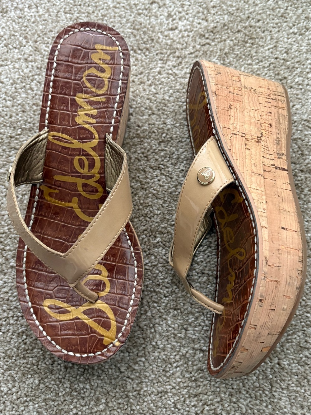 Sam Edelman ROMY Tan Cork Wedge Thong Sandals Size 6.5 EU 37 Bohemian